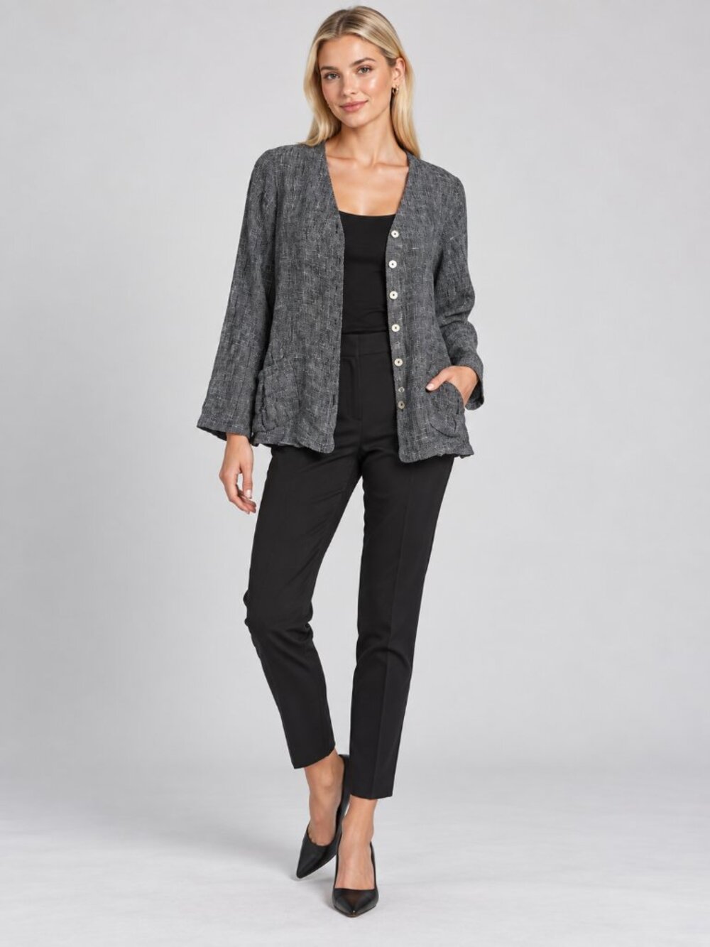 Fenini Charcoal Gray Textured Collarless Button Front Jacket Pockets Size S